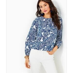 Lilly Pulitzer Rilynn Long Sleeve Cotton Top XS Tropical Navy White